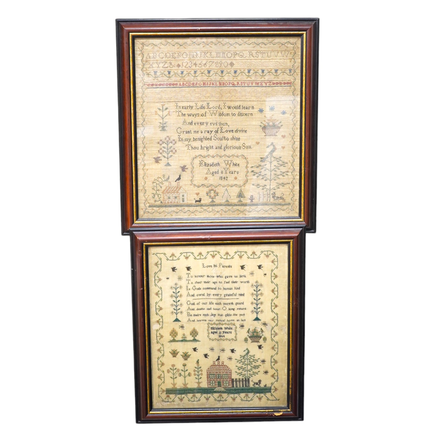 Two mid 19th century samplers worked by Elizabeth White, one dated 1842 aged 8 years, the other 1844 aged 11 years, both worked with a country scene of a house, birds, dogs and trees, the earlier sampler with a top panel